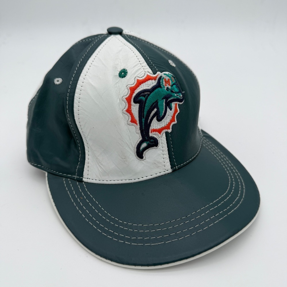 Vintage Miami Dolphins Reebok Leather Snapback Hat Green White Made in USA NFL
